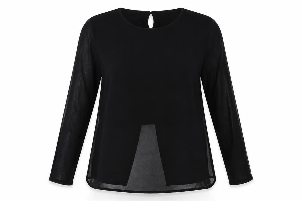 Front view of H&M girls’ black polyester basic blouse, size 12-13, years round neck buckle