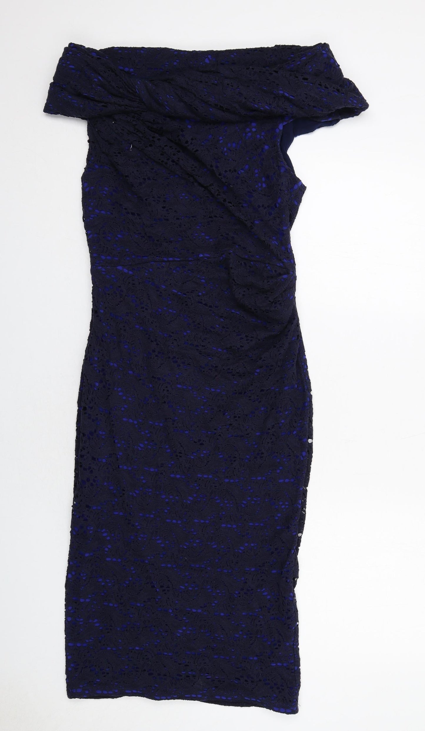 Gina Bacconi Womens Blue Geometric Cotton A-Line Size 12 Off the Shoulder Zip