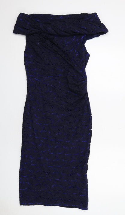 Gina Bacconi Womens Blue Geometric Cotton A-Line Size 12 Off the Shoulder Zip