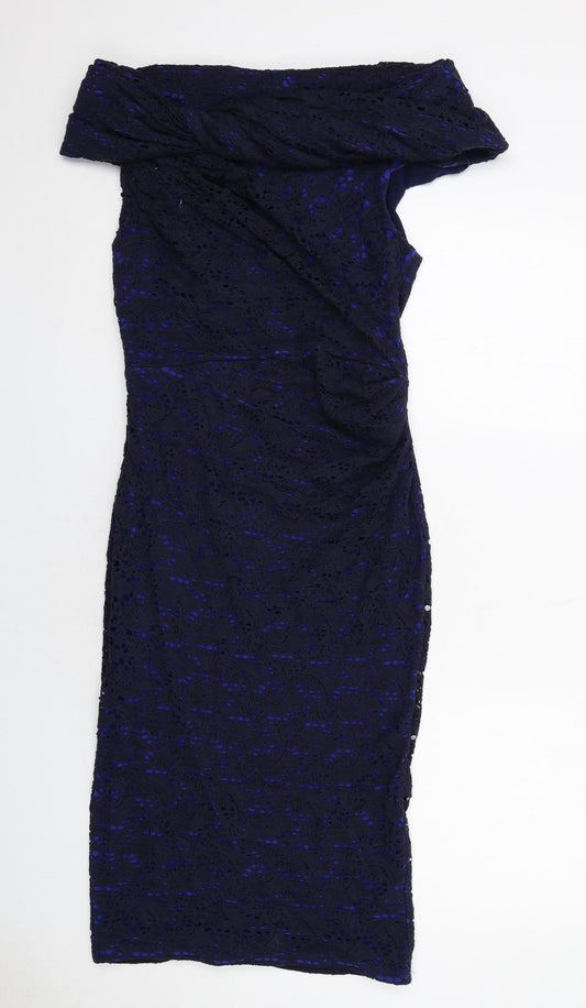 Gina Bacconi Womens Blue Geometric Cotton A-Line Size 12 Off the Shoulder Zip