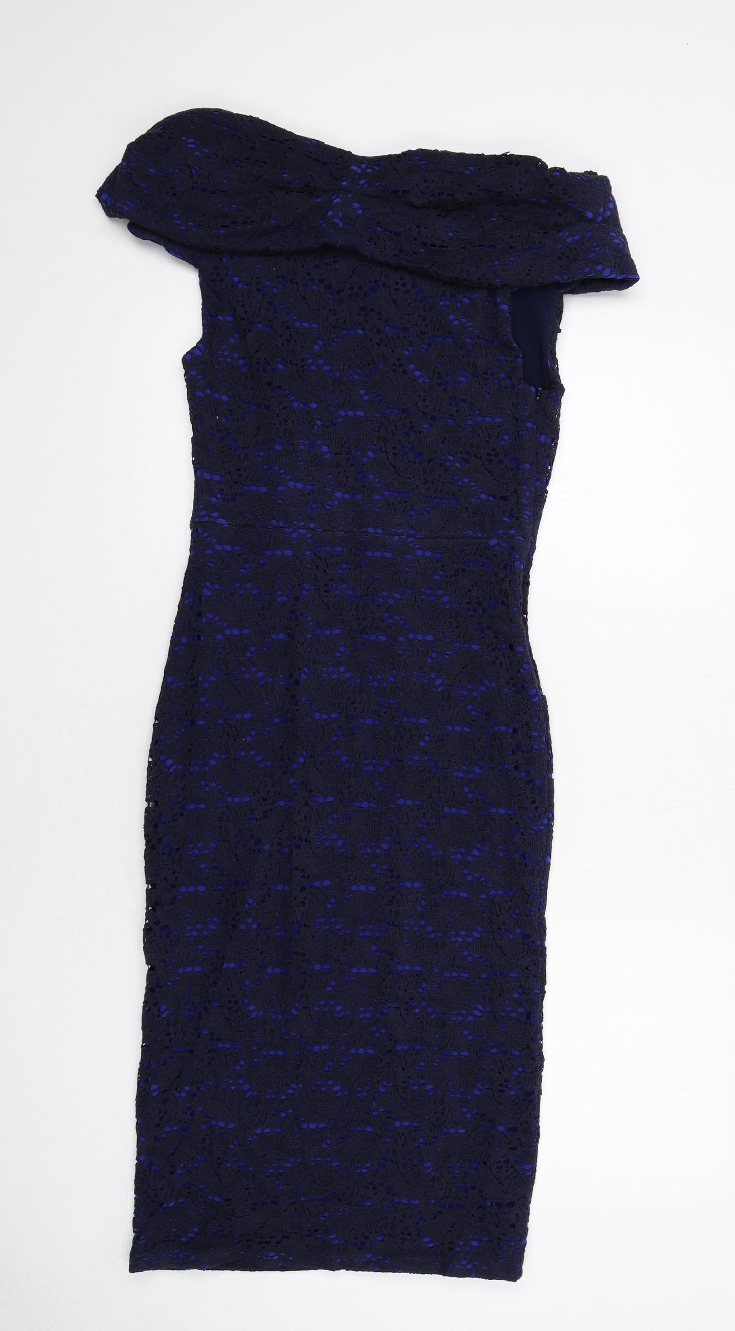 Gina Bacconi Womens Blue Geometric Cotton A-Line Size 12 Off the Shoulder Zip