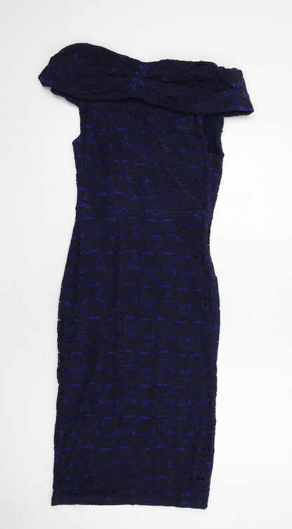 Gina Bacconi Womens Blue Geometric Cotton A-Line Size 12 Off the Shoulder Zip