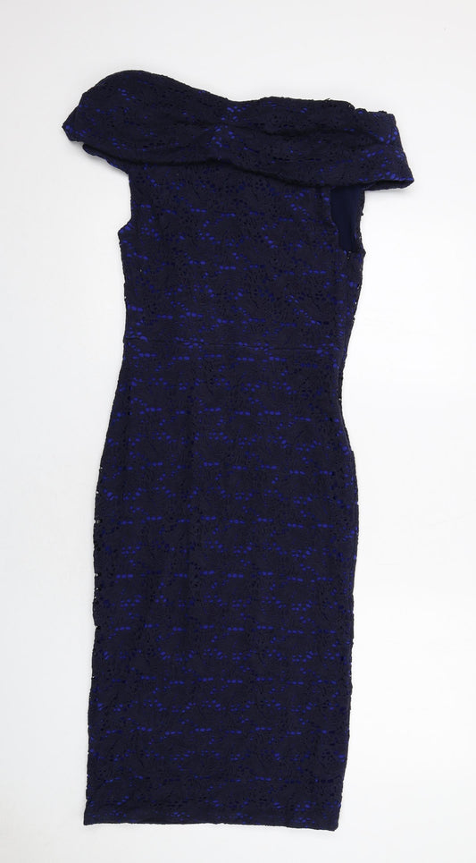 Gina Bacconi Womens Blue Geometric Cotton A-Line Size 12 Off the Shoulder Zip