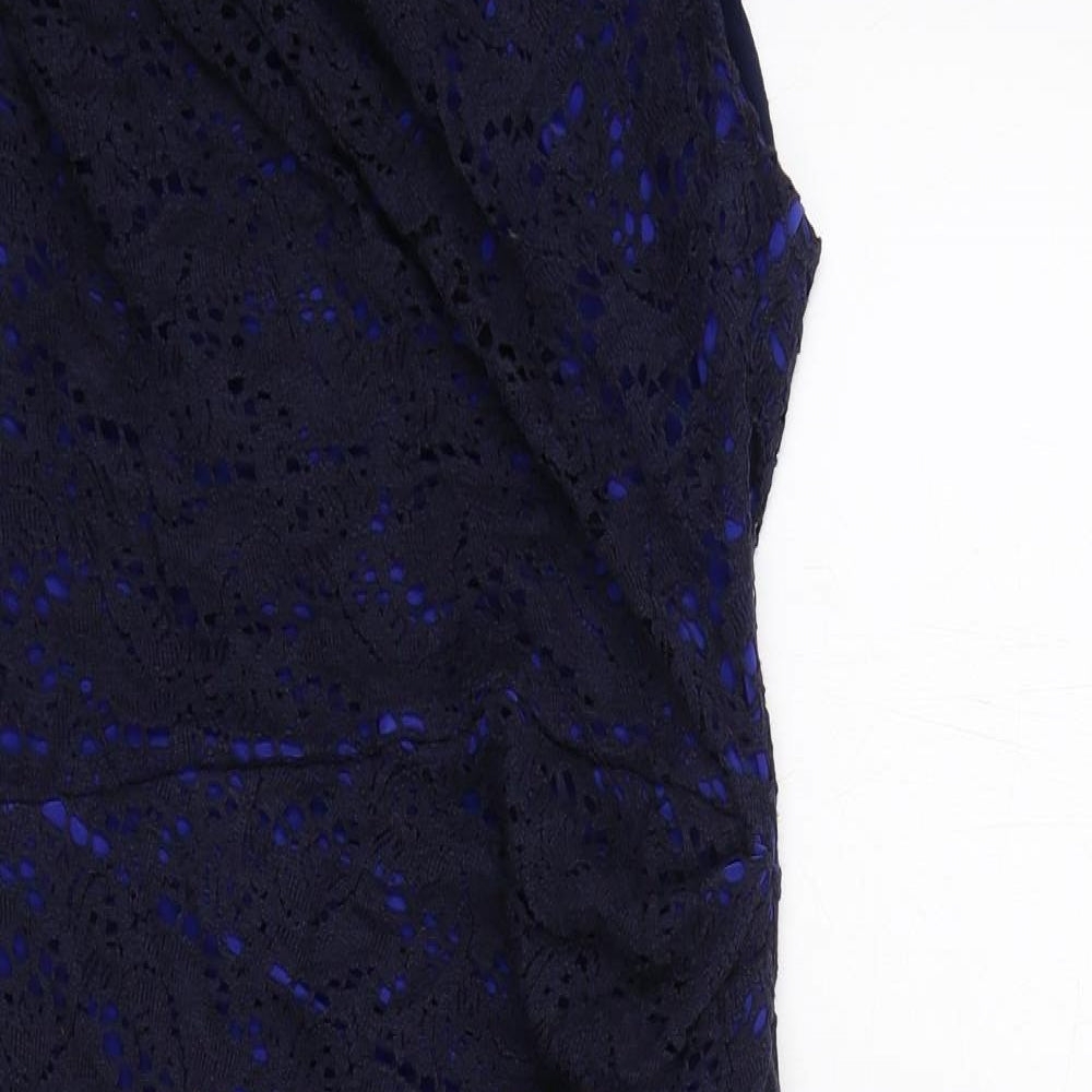 Gina Bacconi Womens Blue Geometric Cotton A-Line Size 12 Off the Shoulder Zip