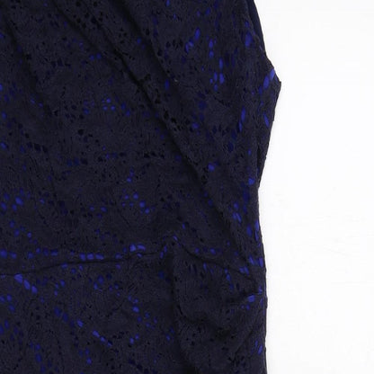 Gina Bacconi Womens Blue Geometric Cotton A-Line Size 12 Off the Shoulder Zip