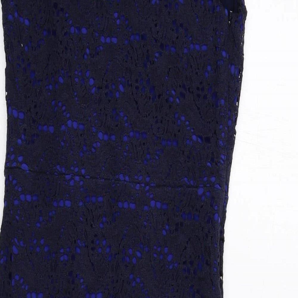 Gina Bacconi Womens Blue Geometric Cotton A-Line Size 12 Off the Shoulder Zip