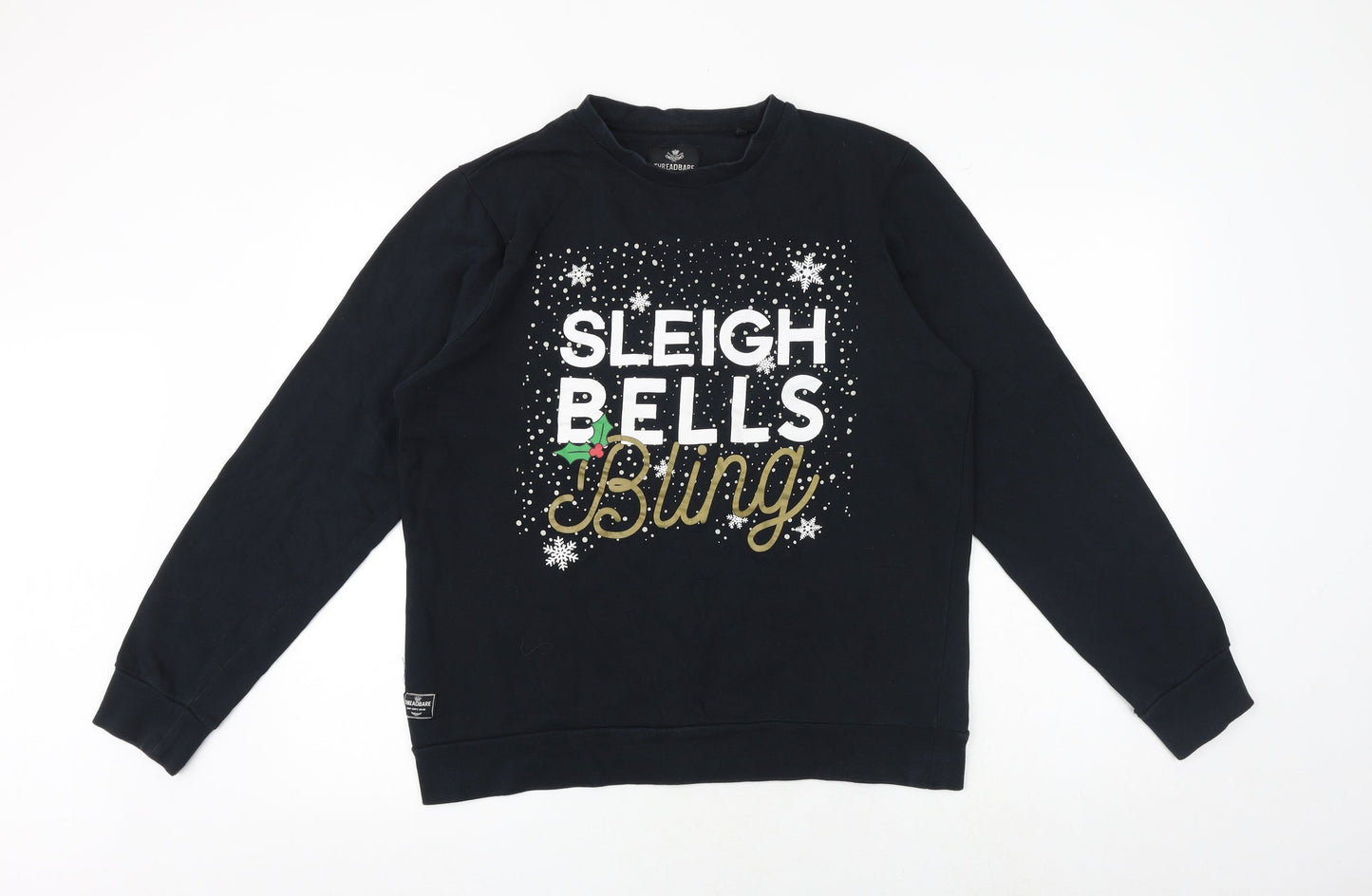 Threadbare Mens Black Cotton Pullover Sweatshirt Size L - Unisex Sleigh Bells Bling