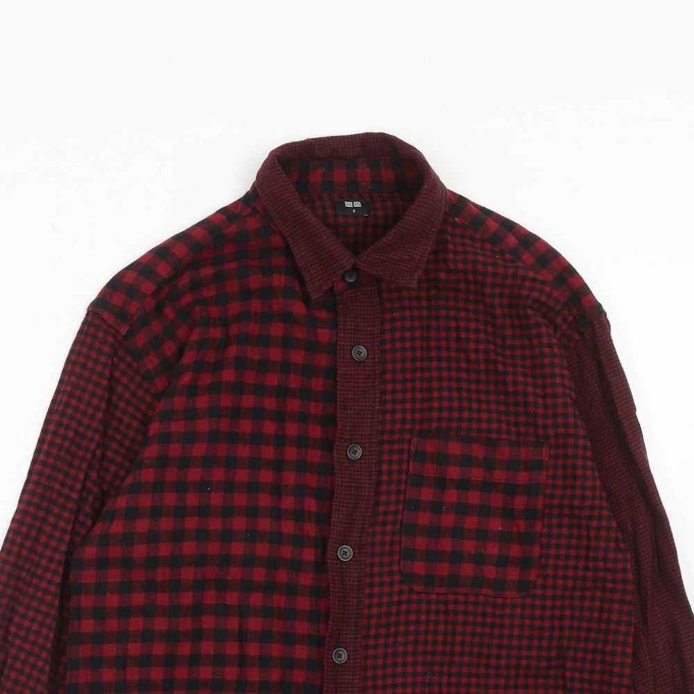 Uniqlo Mens Red Check Cotton Button-Up Size S Collared Button