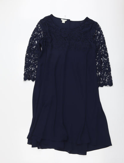 Monsoon Womens Blue Floral Polyester Trapeze & Swing Size 10 Round Neck Button