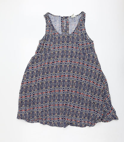 H&M Womens Blue Geometric Viscose Tank Dress Size 10 Round Neck Button