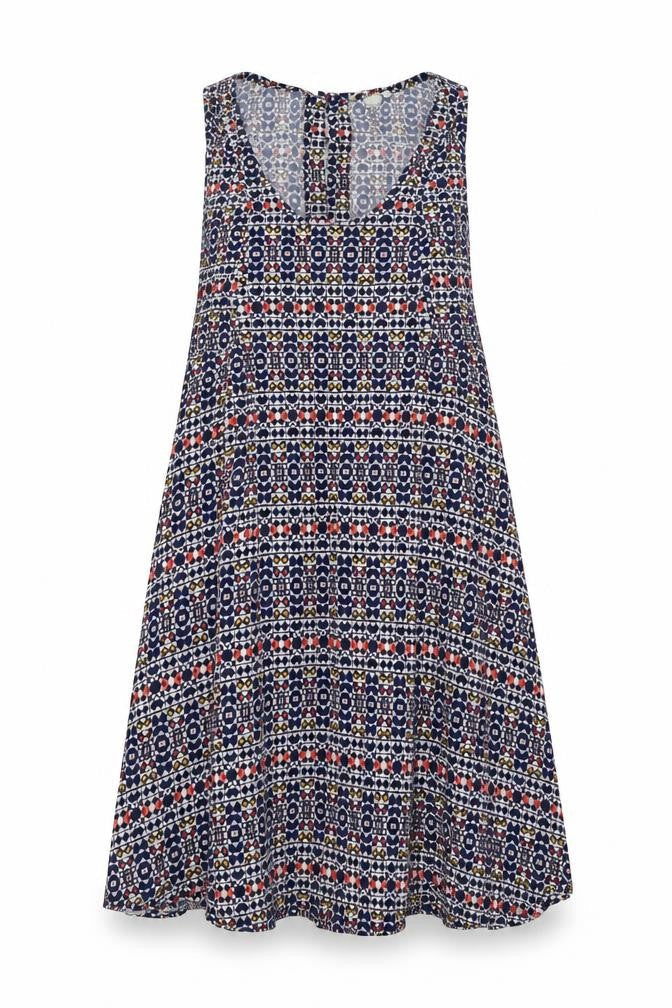 H&M Womens Blue Geometric Viscose Tank Dress Size 10 Round Neck Button