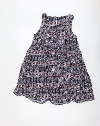 H&M Womens Blue Geometric Viscose Tank Dress Size 10 Round Neck Button