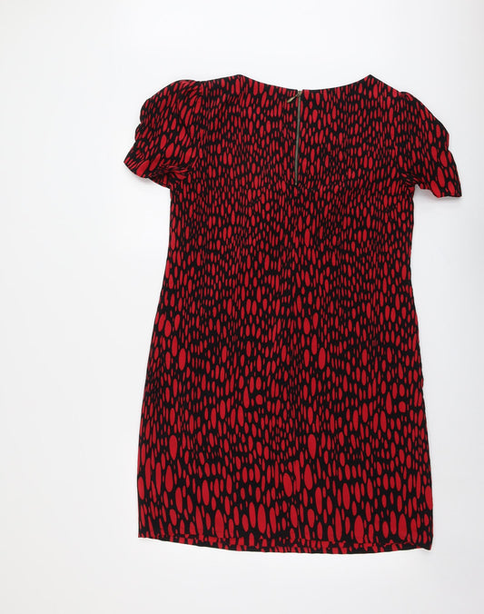 Marks and Spencer Womens Red Geometric Polyester Sheath Size 14 Boat Neck Zip