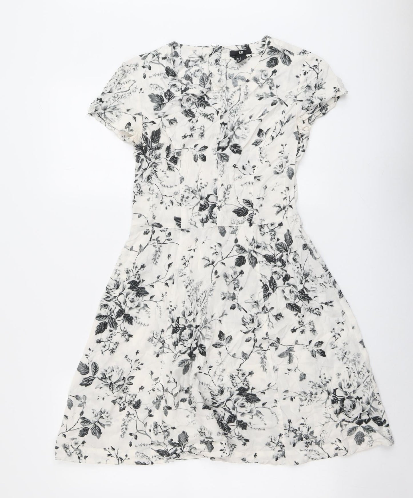 H&M Womens White Floral Viscose A-Line Size 10 Boat Neck Zip - Rose Print