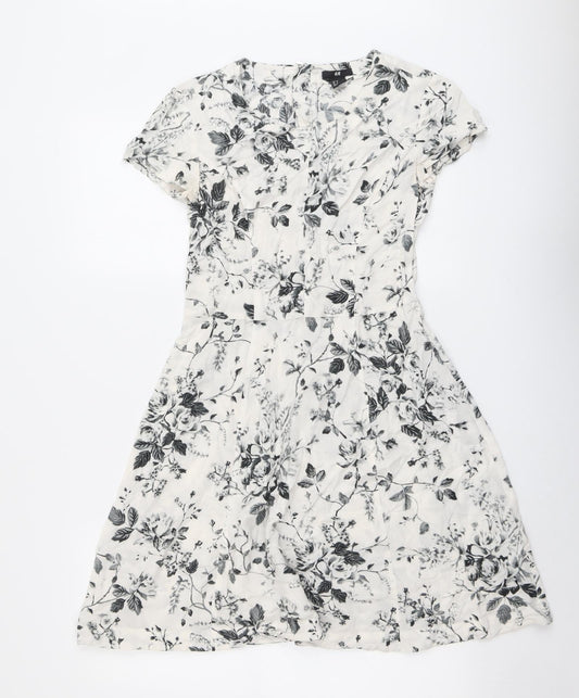 H&M Womens White Floral Viscose A-Line Size 10 Boat Neck Zip - Rose Print