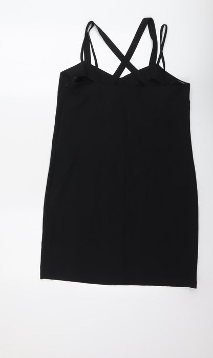 Warehouse Womens Black Polyester Mini Size 10 V-Neck Zip - Double Strap