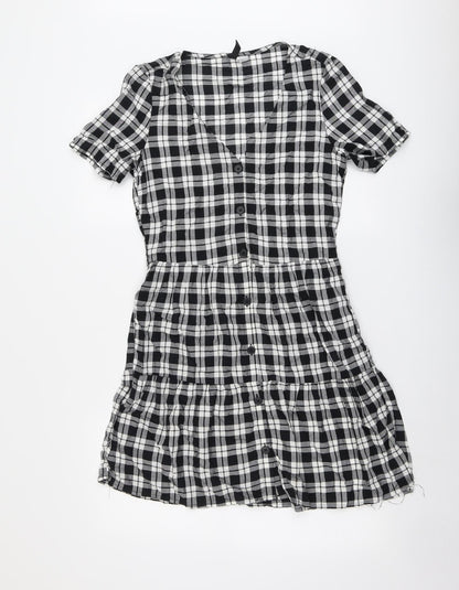 H&M Womens Black Plaid Viscose A-Line Size 6 V-Neck Button - Tiered