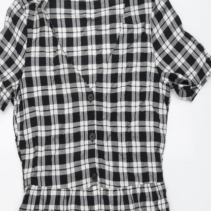 H&M Womens Black Plaid Viscose A-Line Size 6 V-Neck Button - Tiered