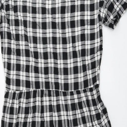H&M Womens Black Plaid Viscose A-Line Size 6 V-Neck Button - Tiered