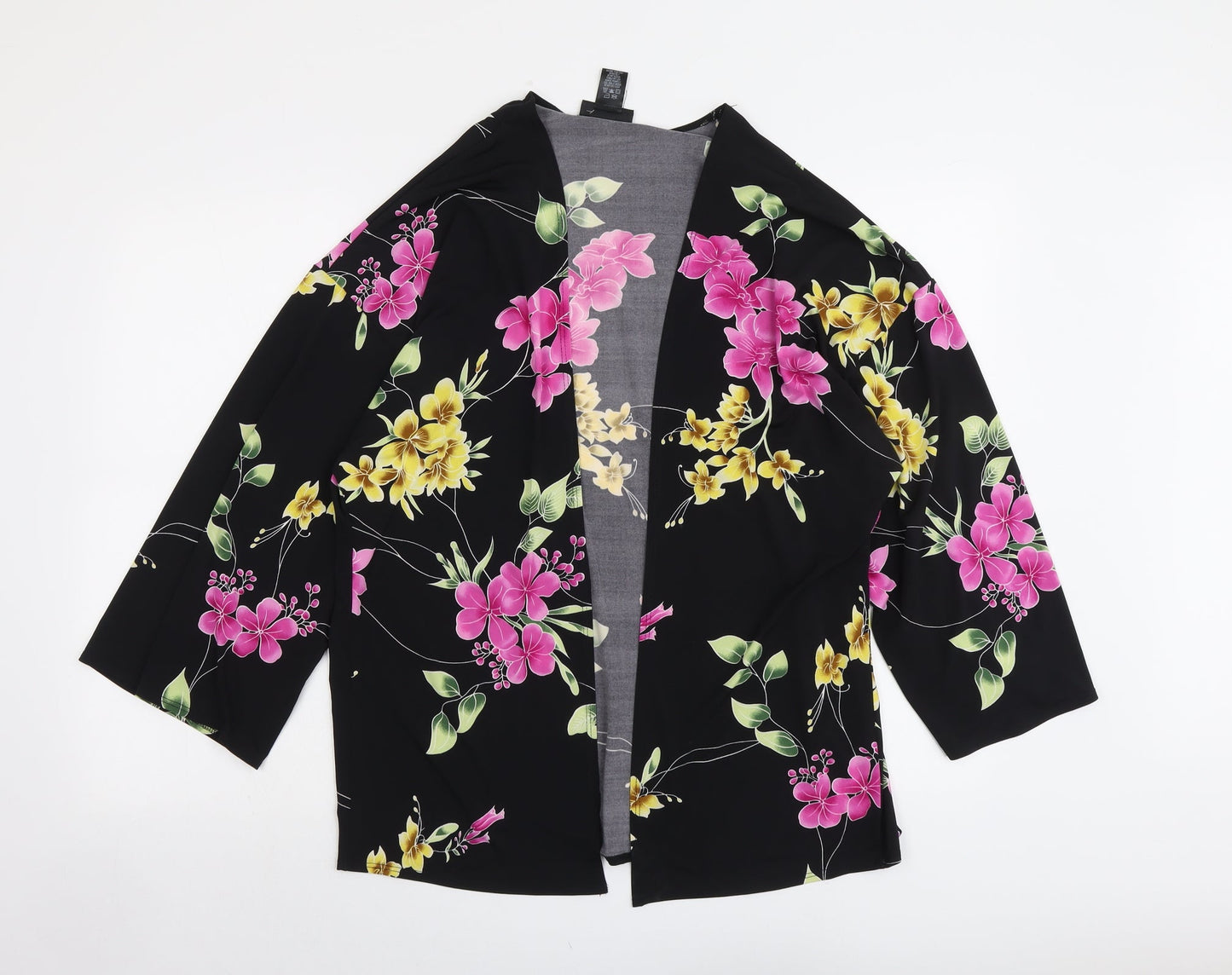 Attitudes Womens Black Floral Polyester Kimono Blouse Size M V-Neck