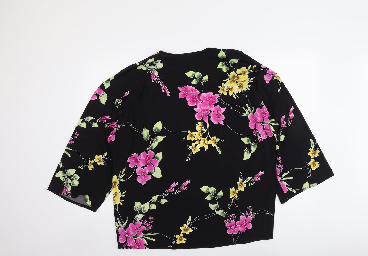 Attitudes Womens Black Floral Polyester Kimono Blouse Size M V-Neck