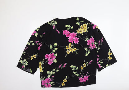 Attitudes Womens Black Floral Polyester Kimono Blouse Size M V-Neck