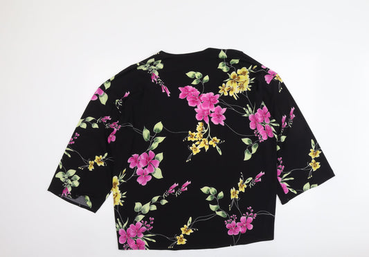 Attitudes Womens Black Floral Polyester Kimono Blouse Size M V-Neck