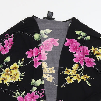 Attitudes Womens Black Floral Polyester Kimono Blouse Size M V-Neck