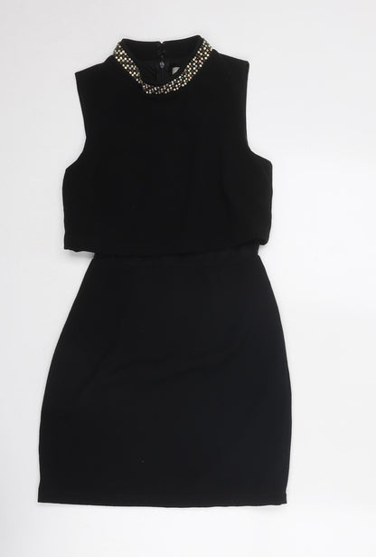 ASOS Womens Black Polyester Shift Size 6 Round Neck Zip - Embellished Neckline