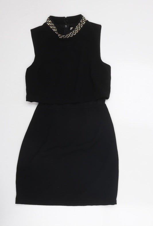 ASOS Womens Black Polyester Shift Size 6 Round Neck Zip - Embellished Neckline