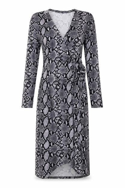 New Look Womens Grey Animal Print Polyester Wrap Dress Size 6 V-Neck Tie - Snake Print