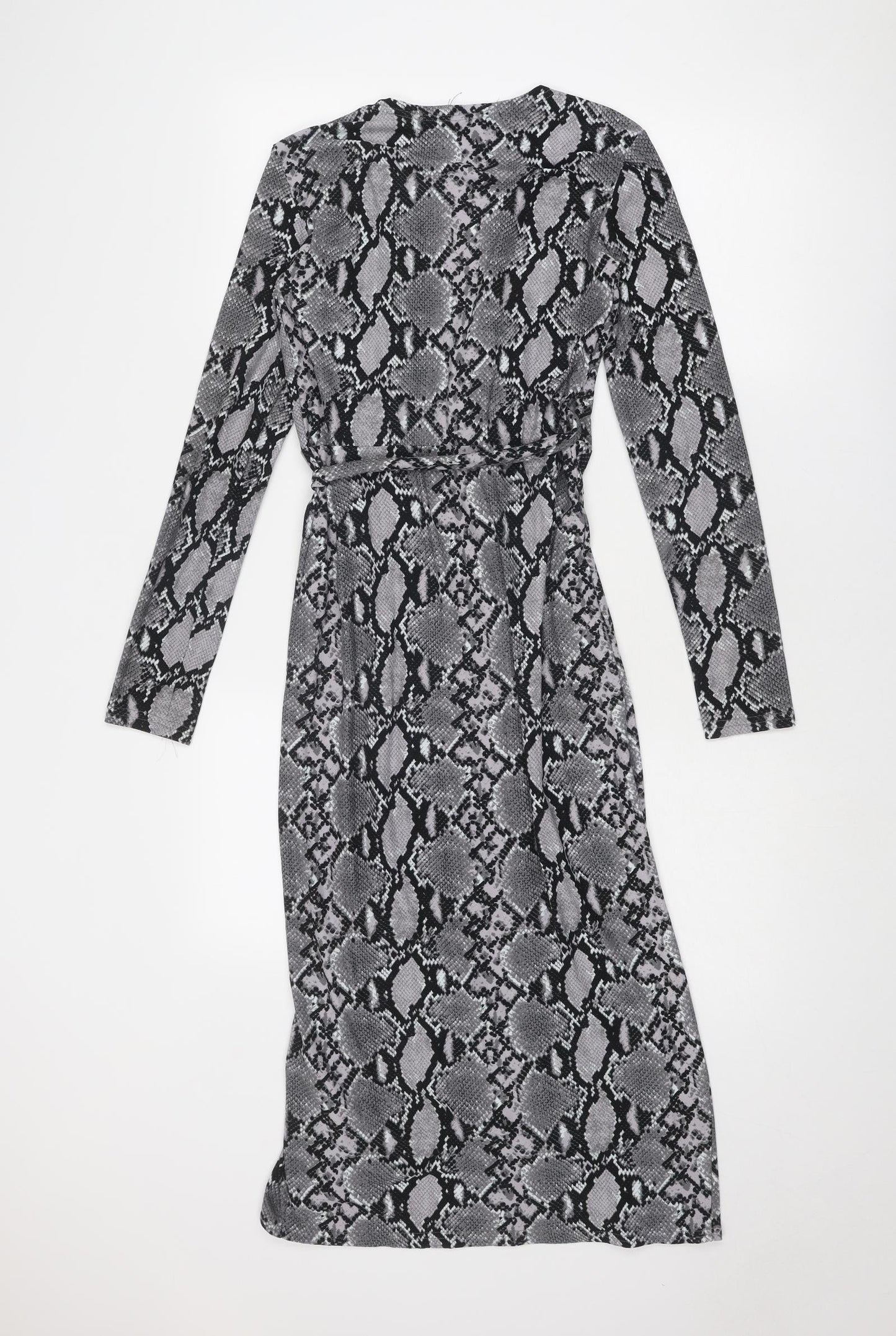 New Look Womens Grey Animal Print Polyester Wrap Dress Size 6 V-Neck Tie - Snake Print