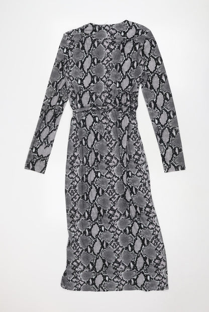 New Look Womens Grey Animal Print Polyester Wrap Dress Size 6 V-Neck Tie - Snake Print