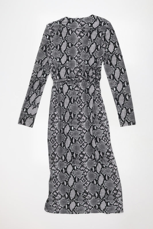 New Look Womens Grey Animal Print Polyester Wrap Dress Size 6 V-Neck Tie - Snake Print