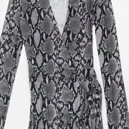 New Look Womens Grey Animal Print Polyester Wrap Dress Size 6 V-Neck Tie - Snake Print