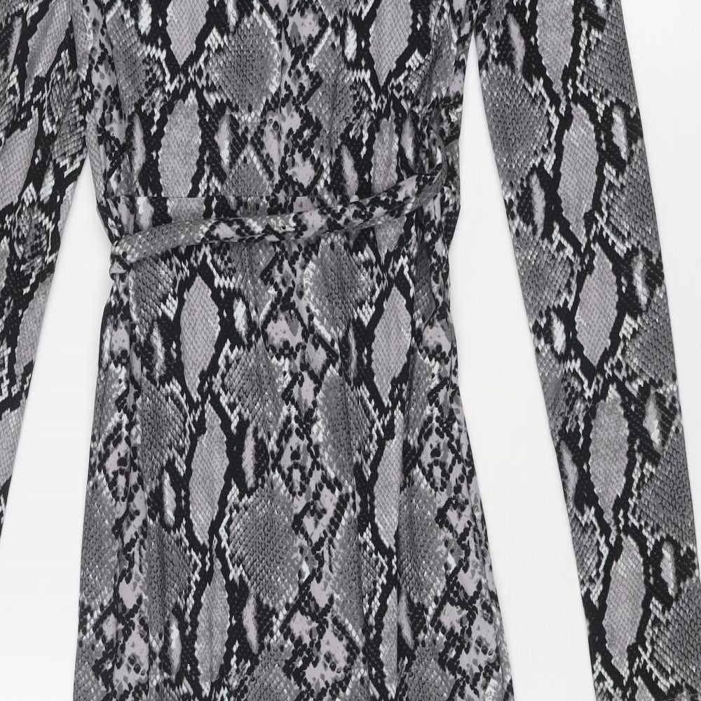 New Look Womens Grey Animal Print Polyester Wrap Dress Size 6 V-Neck Tie - Snake Print