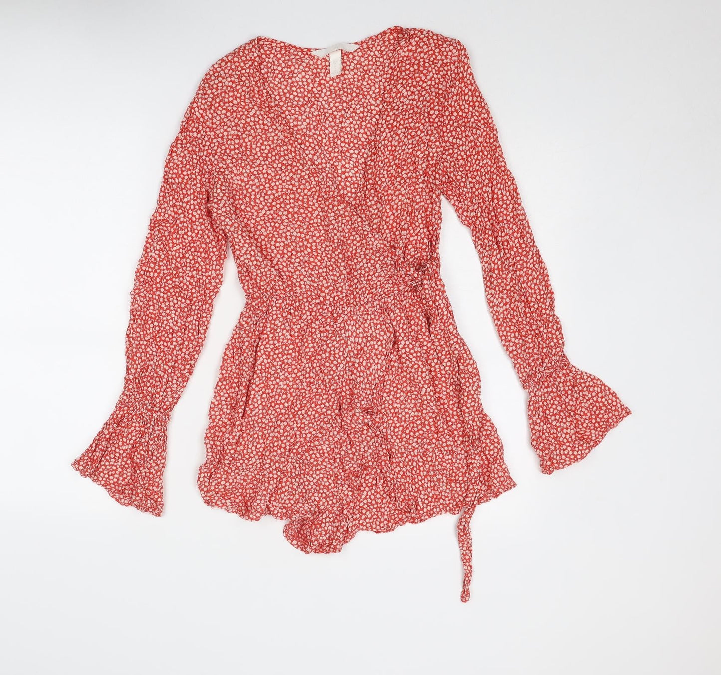 H&M Womens Red Floral Viscose Playsuit One-Piece Size 6 Tie - Wrap Style