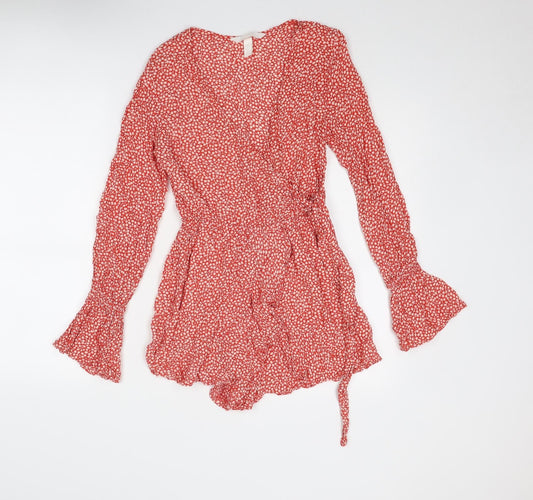 H&M Womens Red Floral Viscose Playsuit One-Piece Size 6 Tie - Wrap Style