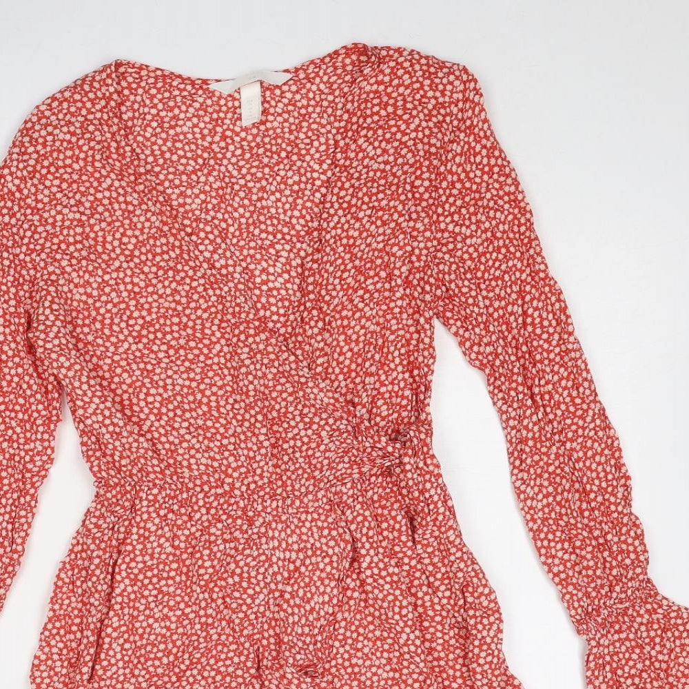 H&M Womens Red Floral Viscose Playsuit One-Piece Size 6 Tie - Wrap Style