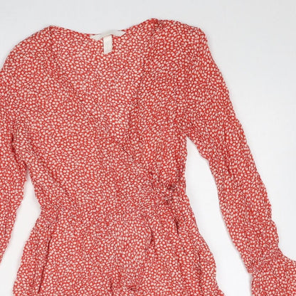 H&M Womens Red Floral Viscose Playsuit One-Piece Size 6 Tie - Wrap Style