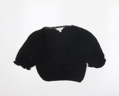 Miss Selfridge Womens Black Cotton Cropped Blouse Size 8 Scoop Neck