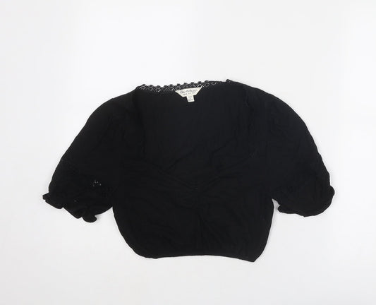 Miss Selfridge Womens Black Cotton Cropped Blouse Size 8 Scoop Neck