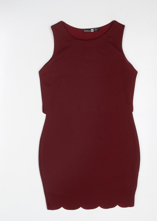 Boohoo Womens Red Polyester Mini Size 8 Boat Neck Pullover - Scallop Hem