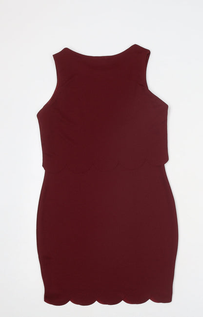 Boohoo Womens Red Polyester Mini Size 8 Boat Neck Pullover - Scallop Hem