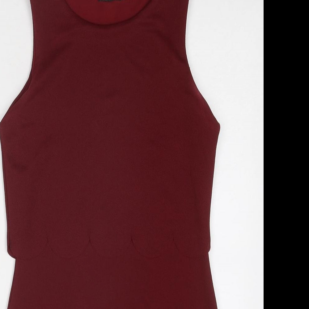 Boohoo Womens Red Polyester Mini Size 8 Boat Neck Pullover - Scallop Hem