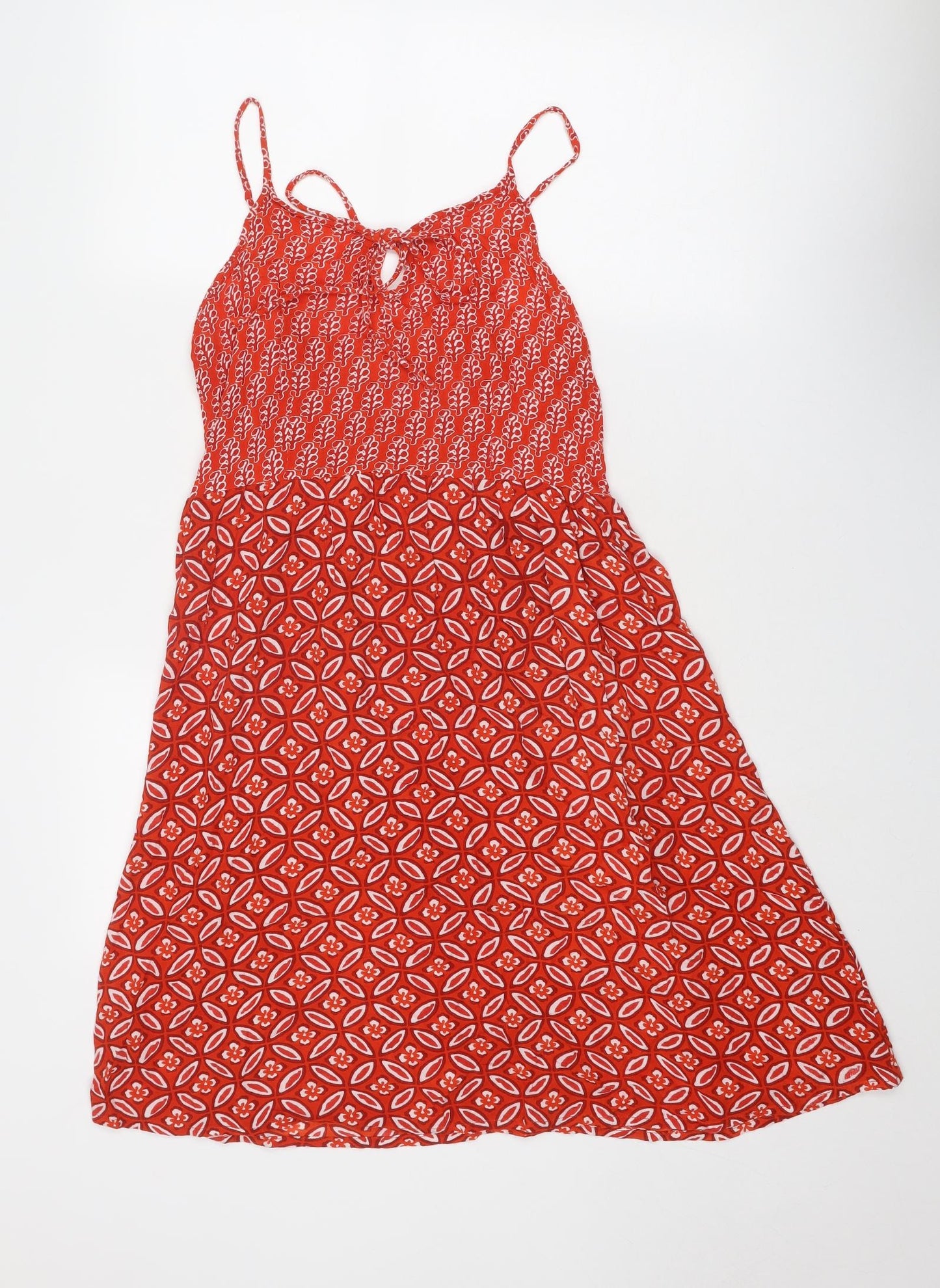 Saffron Spice Womens Red Geometric Viscose A-Line Size XS Round Neck Tie