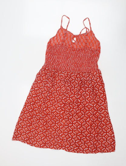 Saffron Spice Womens Red Geometric Viscose A-Line Size XS Round Neck Tie