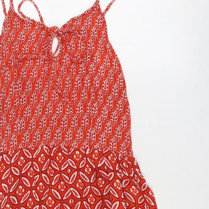 Saffron Spice Womens Red Geometric Viscose A-Line Size XS Round Neck Tie