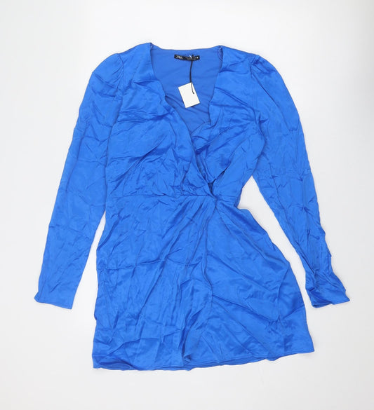Zara Womens Blue Viscose Mini Size M V-Neck Hook & Eye