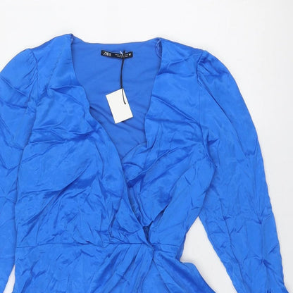 Zara Womens Blue Viscose Mini Size M V-Neck Hook & Eye